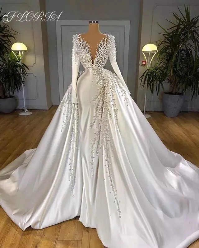 Luxury Handmade Pearls Wedding Dress with Detachable Train Dubai Long  Sleeves White Beaded Satin Bridal Gown Vestido De Novia 