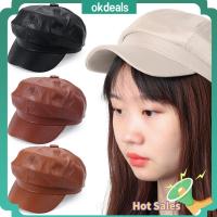 OKDEALS ไม่เป็นทางการ แปดเหลี่ยม สีทึบ หนัง PU หมวกเบเร่ต์ หมวกเด็กส่งหนังสือพิมพ์ หมวกนิวส์บอย หมวกแหลม