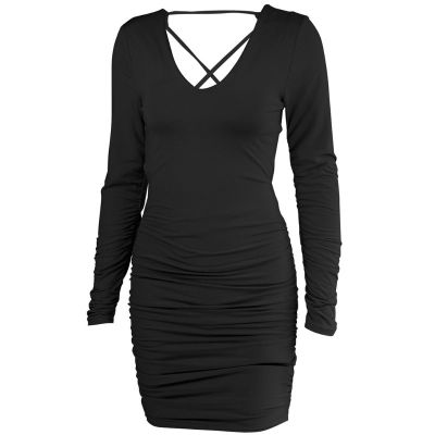 ผู้หญิงแขนยาวเซ็กซี่ V คอ Ruched Bodycon Mini Dress Cutout Backless สำหรับ Cross Lace-Up Bandage Solid Party Clubwear