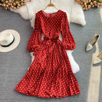 Neploe Autumn Korean Sytle Chic Fairy Dresses Women Bowknot Bandage Waist Robe Femme Dot Print Puff Sleeve Pleated Woman Dress