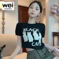 Weishiblux เสื้อยืดฤดูร้อนแขนสั้นผู้หญิงสไตล์ยุโรปเสื้อยืดถักแมวดีไซน์เท่เสื้อครอป