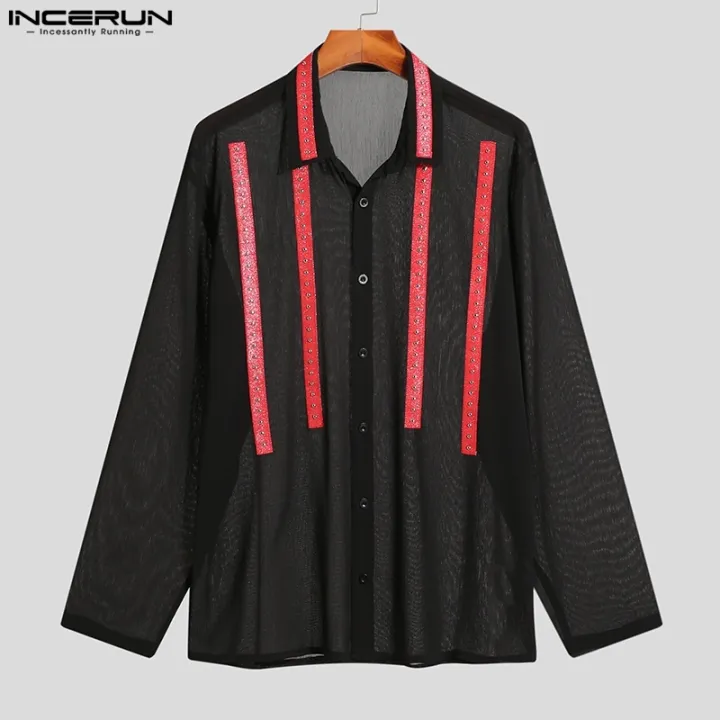 incerun-เสื้อเชิ้ตแขนยาวลําลอง-ผ้าตาข่ายซีทรู-คอปก-แฟชั่นสําหรับผู้ชาย