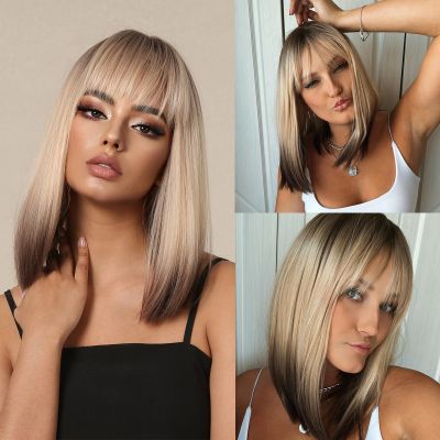 【jw】✎ Short Straight Synthetic Wigs for Blonde Ombre Bob with Bangs Medium Length Resistant Hair