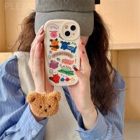 Cute Animal Cartoon Phone Case with Furry Bear Pendant For iPhone 14 13 12 11 Pro Max 14pro Fashion Faux Leather Cover Fundas