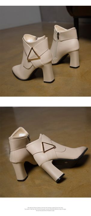 รองเท้าบูทหุ้มข้อหัวเข็มขัดเข็มขัดปลายแหลมผู้หญิง-sepatu-boot-pendek-ส้นสูงหนาสั้นใหม่