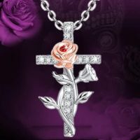 Fashion Rose Cross Necklace Luxury Wedding Jewelry Gold Plated Cross Pendant Engagement Necklaces for Women Anniversary Gift