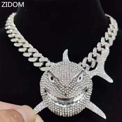 Men Women Hip hop Iced out Bling Big Size Shark Pendant Necklace 13mm crystal Cuban Chain Hiphop Necklaces fashion Charm jewelry
