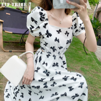 ELF TRIBE ชุดเดรสลายดอกไม้ฝรั่งเศสสำหรับผู้หญิง Slim Lace-Up Cuffs เอวยางยืดพัฟแขน Dresses