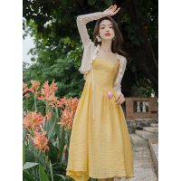 Spot parcel post French Sexy Backless Yellow Suspender Skirt Sun Protection Knit Cardigan Two-Piece Set Sanya Seaside Vacation Beach Dress