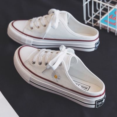 ☈► Hot sale daisy half-drag canvas shoes female 2021 spring and summer new students Korean version of the wild one-step heelless lazy shoes