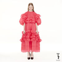 TandT - ANNABELLA Dress RUFFLE BOW SHAPED TRIMMED MAXI DRESS เดรสยาวทรงหลวม ขนาดโอเวอร์ไซส์ คอกลมแขนพองสั้น ตกแต่งรูดชั้นระบายและกดรูดระบายรูปโบว์รอบตัว