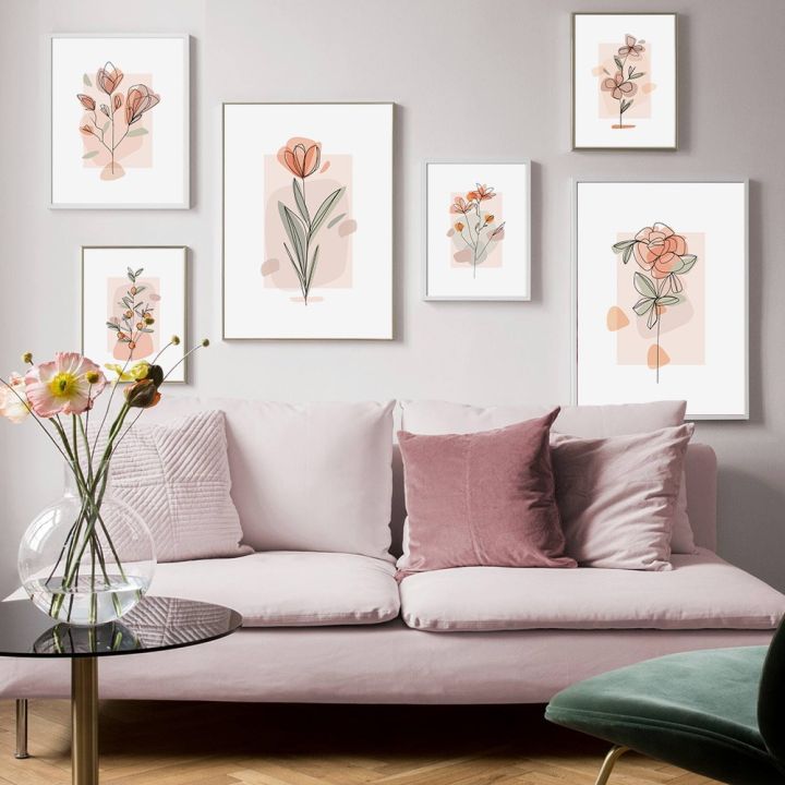 มือวาดดอกไม้สีชมพู-line-art-portrait-wall-art-ภาพวาดผ้าใบ-nordic-โปสเตอร์และพิมพ์ภาพผนังสำหรับตกแต่งห้องนั่งเล่น-new