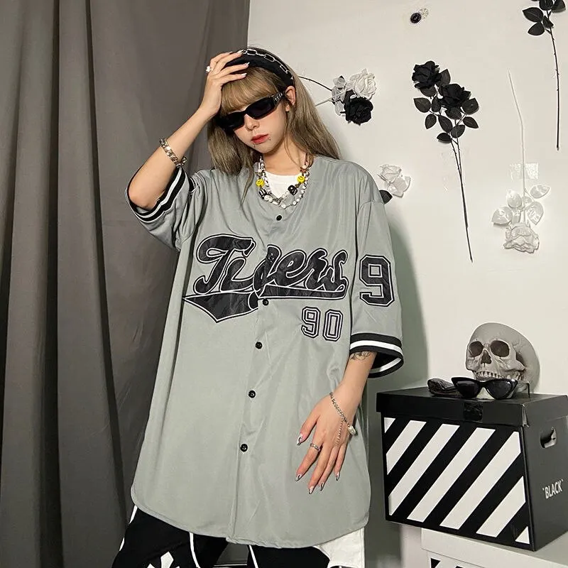 HOUZHOU Baseball Shirt Women Men Harajuku Hippe Vintage Oversized Hip Hop  Streetwear Korean Style Short Sleeve Button Up Blouse