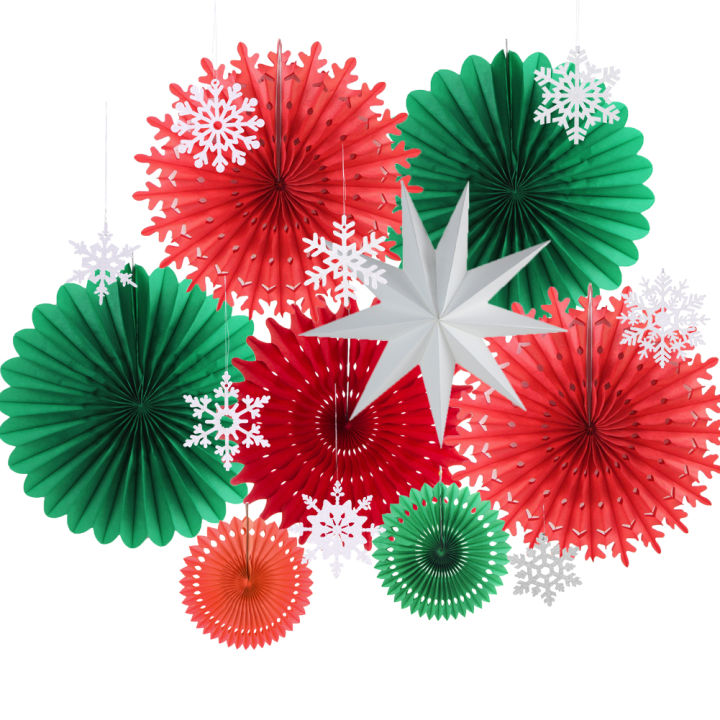 red-green-9pcs-christmas-party-decoration-kit-white-star-lantern-paper-fans-snowflake-for-xmas-birthday-wedding-baby-shower