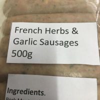 One kilo (12 Sausages) French Herbs &amp; Garlic - This french herb garlic seasoning makes a herby sausage that is balanced out by the backnotes of garlic.  It makes a light sausage that can be enjoyed in a wide variety of dishes, delivery by our transport.