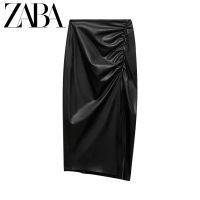 UR ZARA COS กระโปรงหนังเทียมสีดำอัดพลีทสำหรับผู้หญิง8372307 ROK High Waist ลำลองใหม่สำหรับฤดูใบไม้ร่วง