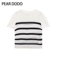 PEAR DODO เสื้อยืดลายเสื้อถักนิตติ้งแขนสั้นคอกลมเกาหลีสำหรับผู้หญิง