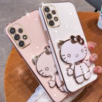 Folding Makeup Mirror Phone Case For Samsung Galaxy A52S 5G A32 A52 A72 A82 4G 5G  Case Fashion Cartoon Cute Cat Multifunctional Bracket Plating TPU Soft Cover Casing