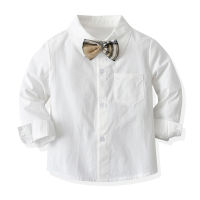 Spring Autumn New Boys Long Sleeve White Lapel Shirts Tops With Pocket Baby Boys Gentleman Bowtie Shirt Kids Clothing