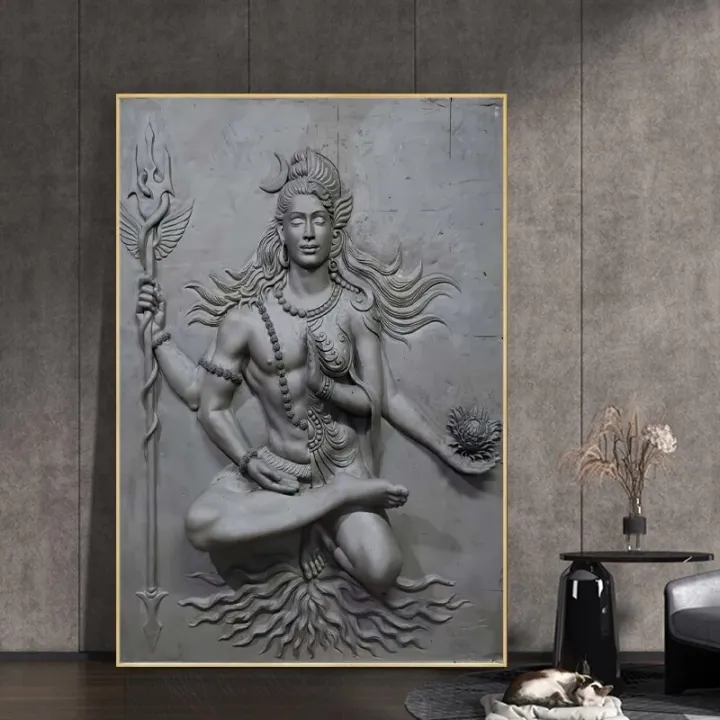 Indian Buddha Hindu God Shiva Figure Sculpture Canvas Painting Posters
