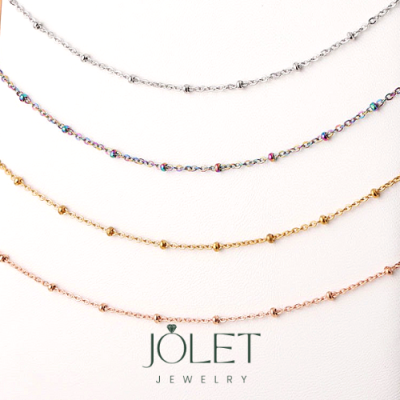 jolet สร้อยคอลายลูกปัด สีเงิน สีพิ้งโกล สีทอง สแตนเลสแท้ โดนน้ำหอม อาบน้ำ ออกกำลังกาย ลงทะเลได้ ไม่ลอก ไม่ดำ