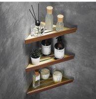 ☏❁ Bathroom Corner Shelves Gold Brushed With Walnut Wood Bath Shelf Triangle Shower Shampoo Holder