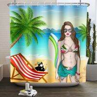 Summer Shower Curtain Cute Anime Beach Girl Unicorn Bath Curtain Hello Sunshine Waterproof Bathroom Accessories with 12pcs Hooks