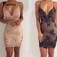 BEFORW Female Sexy Club V neck Party Dress Sundress Luxury Black Sequin Dress Women Bodycon Backless Mini Dresses Vestidos