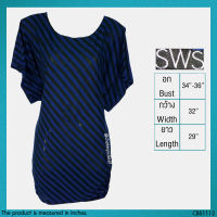 USED SWS - Sheer Blue Striped Top | เสื้อแขนสั้นสีดำ สีน้ำเงิน เสื้อซีทรู เสื้อตัวยาว ลายทาง ระบาย ทำงาน แท้ มือสอง