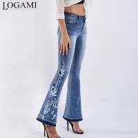 LOGAMI Flower Embroidery Skinny Jeans Woman Vintage Flare Denim Pants Womens Jeans