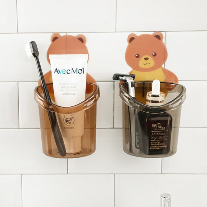 ชั้นเก็บของถ้วยใส่แปรงสีฟันแบบแขวนติดผนังรูปหมีตุ๊กตาหมีอุปกรณ์จัดระเบียบอุปกรณ์ในห้องน้ำในห้องน้ำ