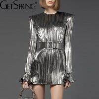 GetSpring Women Dress Silver Flare Sleeve Shoulder Padded Pleated Mini Party Dresses 2022 Early Spring New Fashion All Match