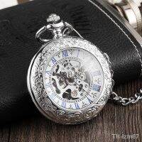 ⌚ นาฬิกา Creative fashion classic transparent cover silver mens mechanical pocket watch contracted classic mechanical watch Roman numerals