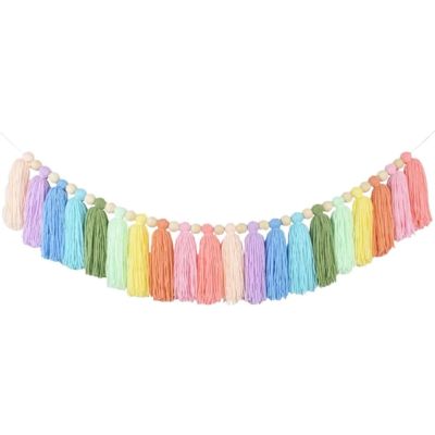 Rainbow Tassel Garland Colorful Pom Pom Garland Wood Bead Easter Spring Girls Bedroom Wall Party Birthday Baby Shower Decor