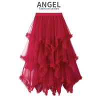 g2ydl2 [11 สี] ANGEL แฟชั่นผู้หญิงกระโปรง midi ตาข่ายสีทึบเกาหลียืดหยุ่นสูง A-line สีแดงบางแกว่งขนาดใหญ่กระโปรงตูตูกระโปรงเค้กยาวไม่สม่ําเสมอสําหรับผู้หญิง