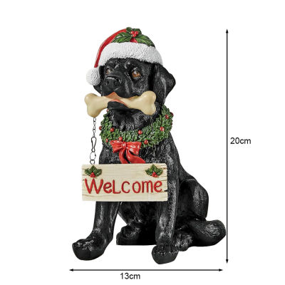 Holiday Welcome Dog Statue with Santa Hat Resin Statue Sculpture Dog in Christmas Hat Figurines Home Office Floor Stand Ornament