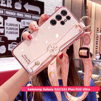 เคสโทรศัพท์สายรัดข้อมือสำหรับ Samsung Galaxy S22 Ultra S22 S22 Plus พร้อมสายคล้องยาวฟรีเคสสีลูกกวาดชุบโลหะด้วยไฟฟ้าพร้อมเคสป้องกันกล้อง