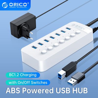 ORICO ฮับ3.0 USB พลังงาน7พอร์ตที่ชาร์จ BC1.2 USB ฮับกับสวิตช์เปิด/ปิดเดี่ยวและอะแดปเตอร์ไฟ2A 12V สำหรับเดสก์ท็อป Feona