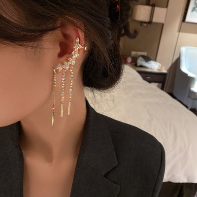 เกาหลีรุ่น 925 เงินเข็มมะกอกกิ่งต่างหูหูกระดูกคลิปต่างหูพู่เพชรKorean version of 925 silver needle olive branch earrings ear bone clip diamond tassel earrings
