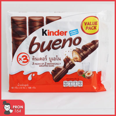 Kinder bueno**คินเดอร์ บูเอโน**เวเฟอร์เคลือบช็อกโกแลตนมสอดไส้ครีมและเฮเซลนัทบด**43 กรัม/ 3 ห่อ