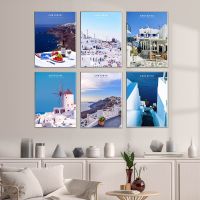 Nordic Blue Seascape Santorini ภาพวาดผ้าใบ Wall Art Landscape Blue Sea Sky โปสเตอร์และพิมพ์-ห้องนั่งเล่นตกแต่งบ้าน