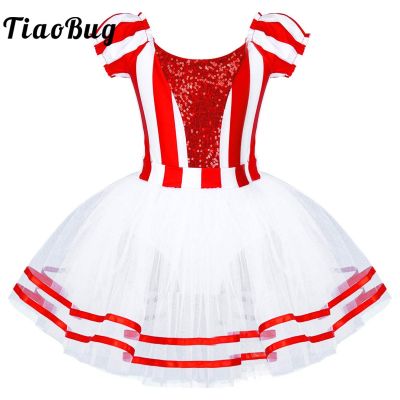 【cw】 Striped Ballet Tutu Leotard Kids Elf Costume Dancewear
