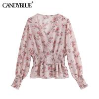 Pink Floral Short Chiffon Shirt 2022 Spring New Fashion Sweet Lightweight High Waist Stretch Elegant V-neck Lantern Sleeve Top