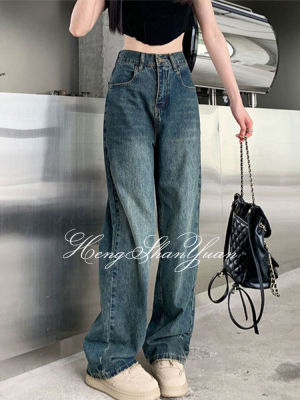 HengShanYuan กางเกงยีนส์ขากว้างผู้หญิง,กางเกงเอวสูงผ้ากางเกงขาสั้นตรงสีตัดกัน