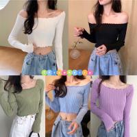 พร้อมส่ง?เสื้อปาดไหล่ ครอปเเขนยาว ผ้าร่อง เสื้อไหมพรมแขนยาว-ปาดไหล่ใส่ได้สองแบบ