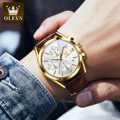 OLEVS นาฬิกาข้อมือหรูหราผู้ชาย2023ขายแฟชั่นกันน้ำหนังควอตซ์นาฬิกาวันที่ส่องสว่าง Chronograph พนมเปญ Dial