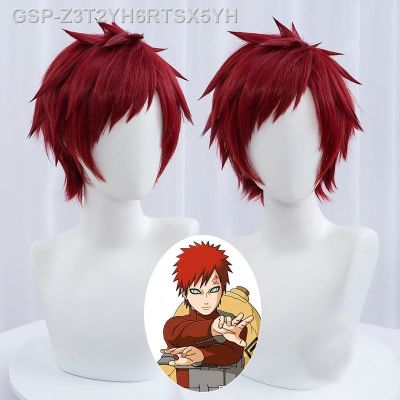 ◆ เดี่ยวอนิเมะ Gaara Peruca Masculina Curta Vermelho Escuro Resistente Ao Calor Perucas Sintéticas Boné Grátis