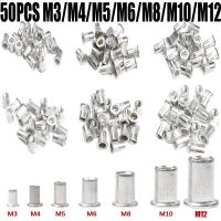 50Pcs Flat Head Rivet Nuts Set Aluminum Alloy Rivet Nuts M3 M4 M5 M6 M8 M10 M12 Nuts Insert Riveting Rivnut Bolts and Nuts