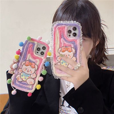 ญี่ปุ่นและเกาหลี ins ฤดูใบไม้ร่วงและฤดูหนาวการ์ตูนตุ๊กตาหมีโบว์โทรศัพท์มือถือสำหรับ iphone13pro max ขอบลูกไม้น่ารักกรณีโทรศัพท์มือถือสำหรับ iphone12 หมีสีชมพูกรณีโทรศัพท์มือถือ