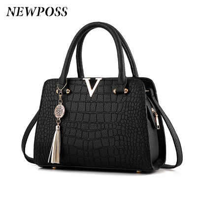 Fashion Women Handbags Tassel PU Leather Totes Bag Top-handle Embroidery Bag Shoulder Bag Lady Simple Style Crocodile pattern